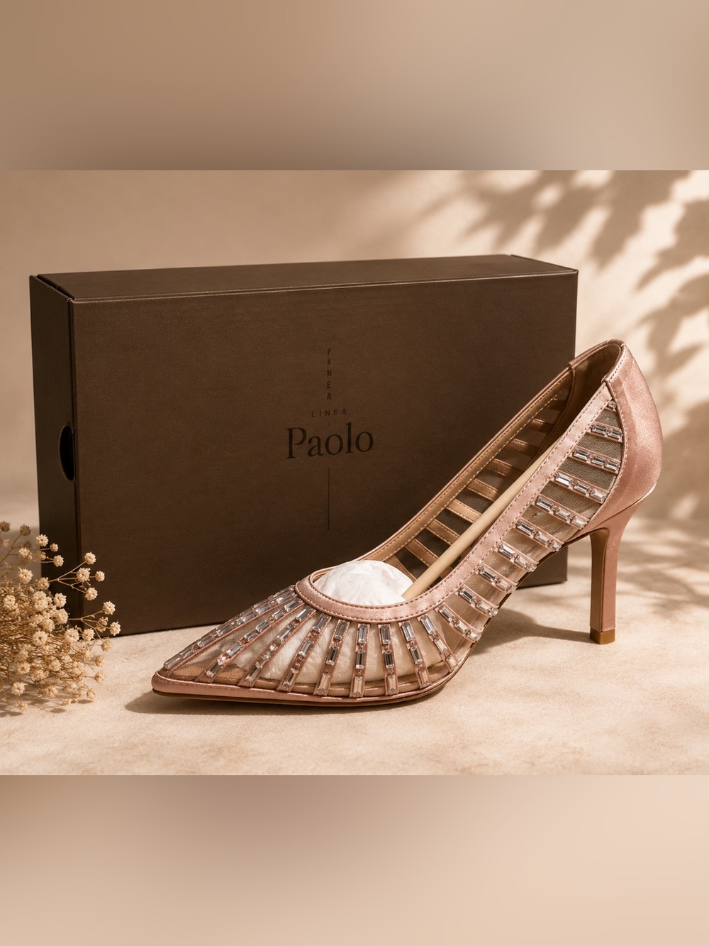 Linea Paolo PAOLA-L Blush Satin Rhinestone Mesh Pointed Toe Heels 9.5
